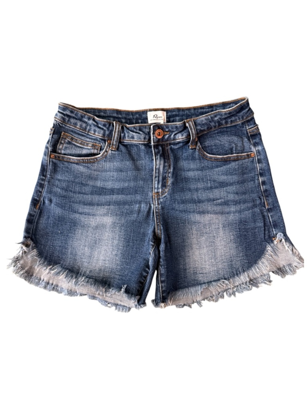 A2 Dark Wash Mid Rise Frayed Hem Longer Inseam Jean Shorts M